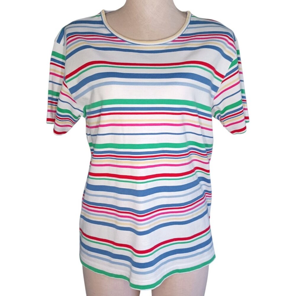 Vintage 90s Talbots Rainbow Striped Womens XL T-Shirt Top Classic Preppy - Picture 2 of 10